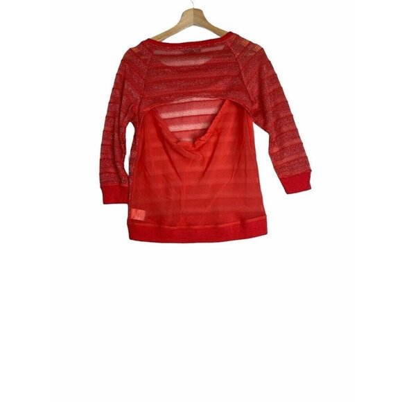Rampage Womens Knit Blouse Red Striped Long Sleeve Scoop Neck Mesh Shimmer M New - Picture 2 of 6